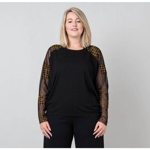 Alembika Black Yellow Check Mesh Top Long Sleeve Blouse Discontinued Size Medium